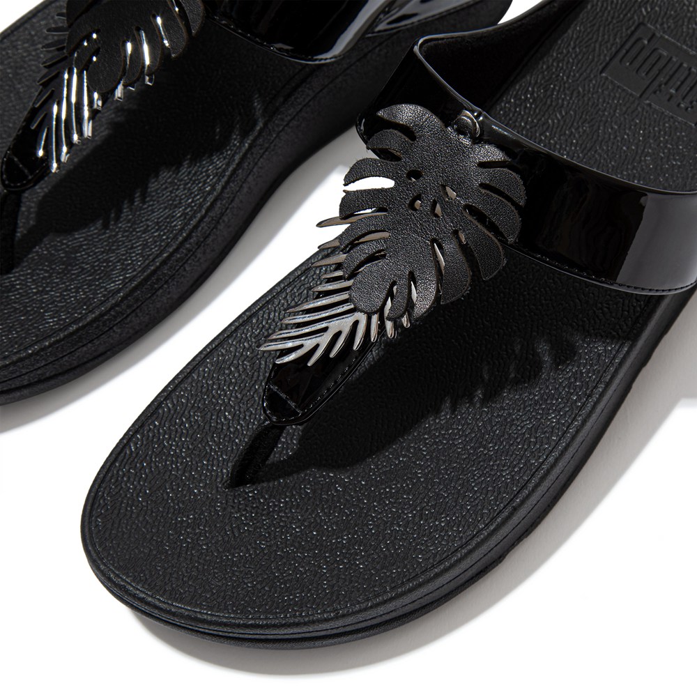 Fitflop Womens Sandals - Fino Jungle-leaf Patent Toe-post - Black - 307-RZKFLM